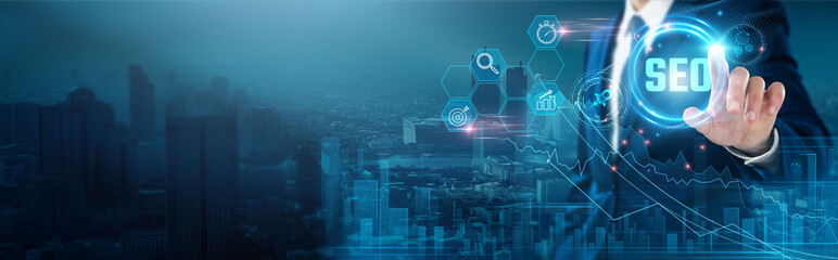 SEO: Keyword research, content optimization, backlink analysis, website performance, analytics tracking, search engine ranking, businessman touch SEO network, visibility.