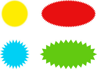 Different color starburst sunburst badges shapes, sticker set vector. Collection of special offer sale oval and round shaped sunburst labels and badges. Promo stickers with star edges.