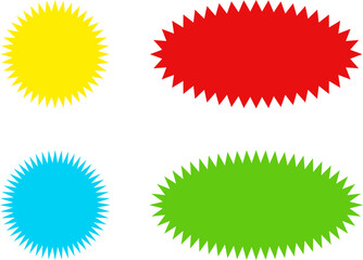 Different color starburst sunburst badges shapes, sticker set vector. Collection of special offer sale oval and round shaped sunburst labels and badges. Promo stickers with star edges.