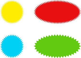 Different color starburst sunburst badges shapes, sticker set vector. Collection of special offer sale oval and round shaped sunburst labels and badges. Promo stickers with star edges.