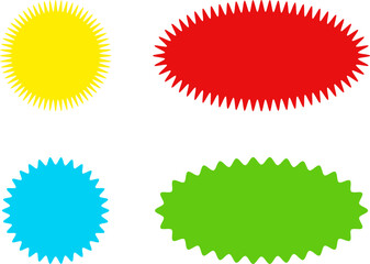 Different color starburst sunburst badges shapes, sticker set vector. Collection of special offer sale oval and round shaped sunburst labels and badges. Promo stickers with star edges.