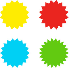 Different color starburst sunburst badges shapes, sticker set vector. Collection of special offer sale oval and round shaped sunburst labels and badges. Promo stickers with star edges.