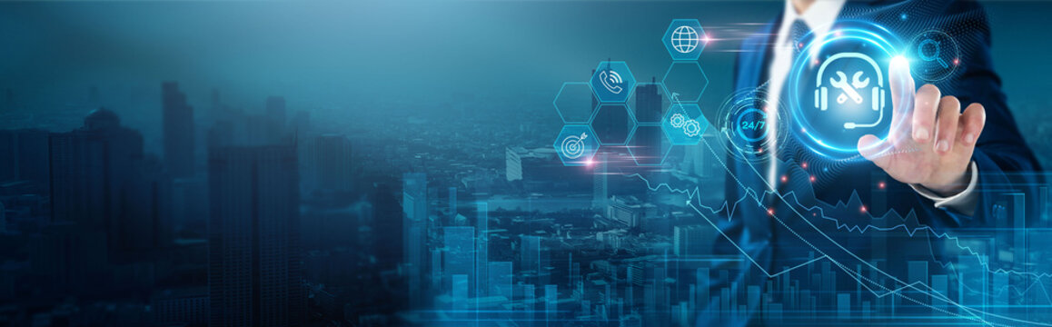 Technical Support: Troubleshooting, customer assistance, system maintenance, problem-solving, IT infrastructure, software updates, businessman touch technical support network, diagnostics.