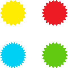 Different color starburst sunburst badges shapes, sticker set vector. Collection of special offer sale oval and round shaped sunburst labels and badges. Promo stickers with star edges.