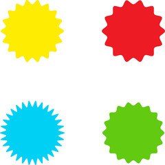 Different color starburst sunburst badges shapes, sticker set vector. Collection of special offer sale oval and round shaped sunburst labels and badges. Promo stickers with star edges.