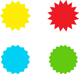 Different color starburst sunburst badges shapes, sticker set vector. Collection of special offer sale oval and round shaped sunburst labels and badges. Promo stickers with star edges.