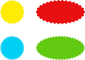 Different color starburst sunburst badges shapes, sticker set vector. Collection of special offer sale oval and round shaped sunburst labels and badges. Promo stickers with star edges.