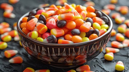 A vibrant candy bowl filled with assorted sweets on a textured black surface
