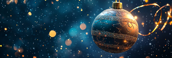 Fototapeta premium Christmas Ornament Shaped Like a Planet, Floating in Space with Tinsel Rings and Twinkling Starry Lights 