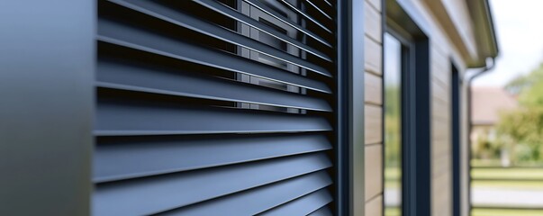 Close-up of an aluminum electric roller shutter on a newly built home.