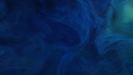 Magic fog. Gleaming mixture. Glitter fluid. Shiny smoke. Ink water. Blue green color paint vapor storm wave bright particles texture.