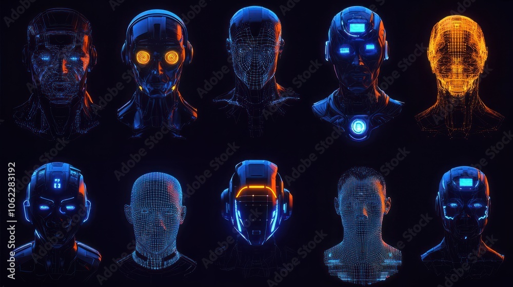 Poster artificial intelligence icon set: 10 line icons including data science, neural network, robotics, an