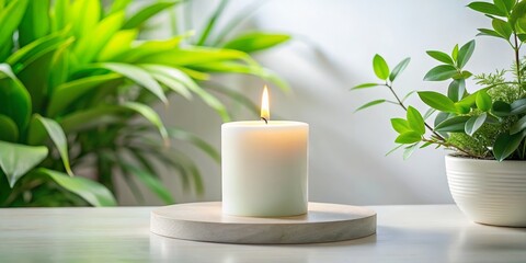 Serene White Candle on a Pedestal with Green Plants