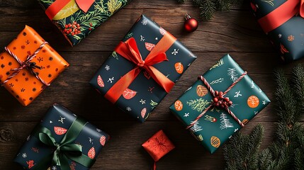 Christmas gift wrap designs with colorful presents and bows