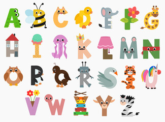 Cute A to Z Alphabet letters in different forms including animals and objects for kids