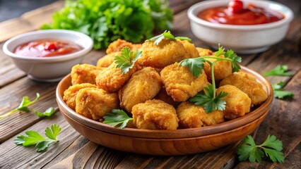 Fototapeta premium A bowl of crispy and golden chicken nuggets garnished with parsley, served with ketchup for a delightful snack or appetizer. 