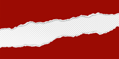 Red pieces of paper with torn edges and soft shadow are on transparent background for text or ad.
