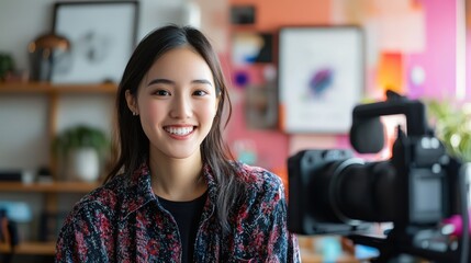 Asia vlogger and retail store owner smiling, live selling on IG/TikTok. Gen Z recording viral content in home studio.