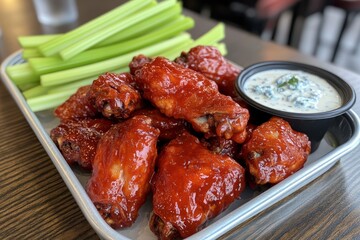 A tray of delicious buffalo wings, coated in a shiny red glaze, served with celery sticks and a side of creamy ranch dressing. Perfect for game day or any occasion.