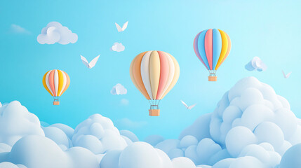 Fototapeta premium Colorful hot air balloons floating through a sky full of paper clouds, symbolizing adventure and dreams. 