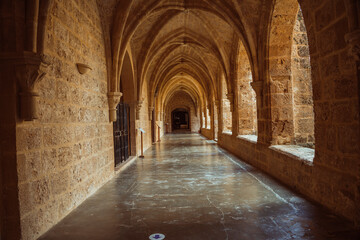 Serene Stone Archways of an Ancient Monastery Corridor