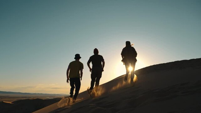 Silhouettes of cheerful people are having fun, runs and jumps at the top of a sand dune at sunset time
