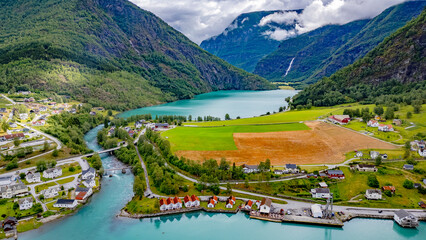 Luftbild Panorama von Skjolden in Norwegen am Sognefjord