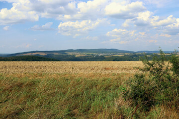 Aussicht aus Richtung Kirn auf den Soonwald (hinten) im Landkreis Bad Kreuznach. Aussicht vom Premium-Wanderweg Vitaltour 3-Burgen-Weg.