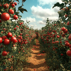 Discover a serene pomegranate garden, where vibrant fruits hang amid lush greenery, creating a peaceful oasis of beauty.