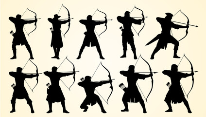 Silhouettes of archers in various stances, drawing bows and aiming arrows. © YB14