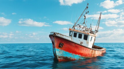 Abandoned Fishing Boat Slowly Sinking in Calm Waters