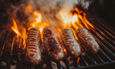 Four juicy sausages grilling on a hot charcoal grill with flames and smoke.