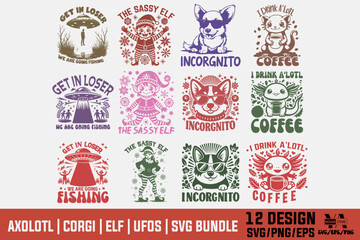 Fototapeta premium AXOLOTL | CORGI | ELF | UFOS | SVG T-shirt Design BUNDLE