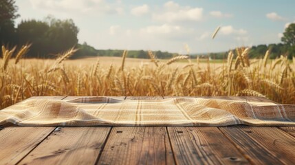 Empty wooden table with podium and tablecloth against blurred wheat field background: Shavuot theme mockup for design and product showcase