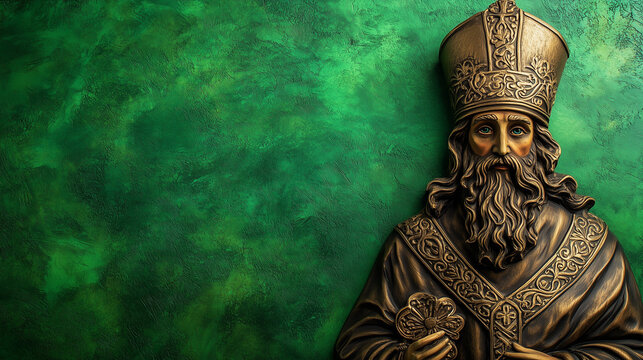 Saint Patrick statue against green background with copy space