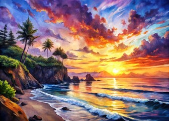 Tranquil Sunset Over Coastal Landscape in Watercolor