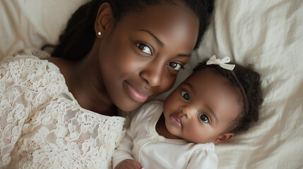 Mother and Baby Girl Snuggling on Bed Showing Family Bond