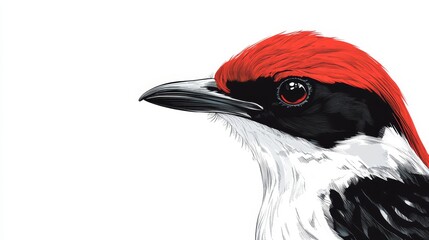 A striking illustration of a bird with a vibrant red head, black and white feathers, and a sharp beak. The bird is depicted in profile, creating a sense of movement and energy. This image is perfect f