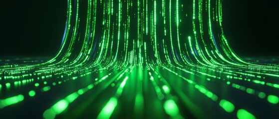 technology background with green light trails streaks data stream effect. 6G networks and data transmission. 
