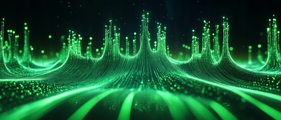 technology background with green light trails streaks data stream effect. 6G networks and data transmission. 
