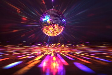 Dazzling disco ball suspended in a dark nightclub, refracting colorful light beams across the dance floor.