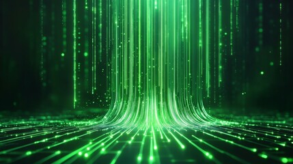 technology background with green light trails streaks data stream effect. 6G networks and data transmission. 
