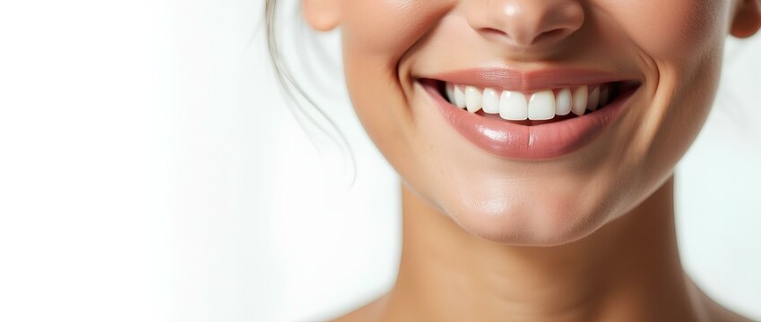 Close-up of a perfect smile of a young woman with snow-white straight teeth, showing the beauty and health of teeth on a light background. For advertising dental services, dental care products. 