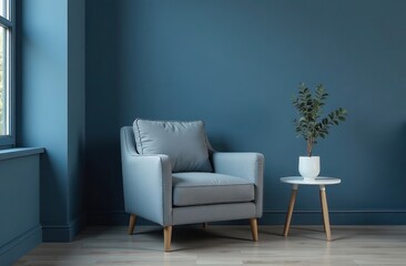 Stylish Modern Blue Armchair and Side Table in Minimalist Room