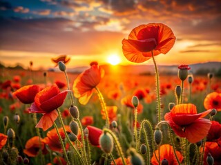 Fototapeta premium Beautiful Poppy Field at Sunset with Soft Light
