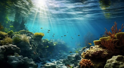 Fototapeta premium coral blue water background, oceanic view of coral blue water, underwater life