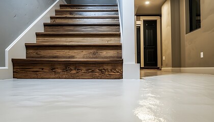 Detailed view of basement flooring and waterproofing with staircase backdrop.