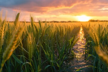 Wheat fields at sunset with flooded water