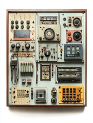 Fototapeta premium Vintage Industrial Control Panel Equipment, featuring a collection of switches, dials, gauges, and indicators, showcasing the technology of the past.