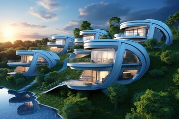 Futuristic smart houses with solar panels on hillside